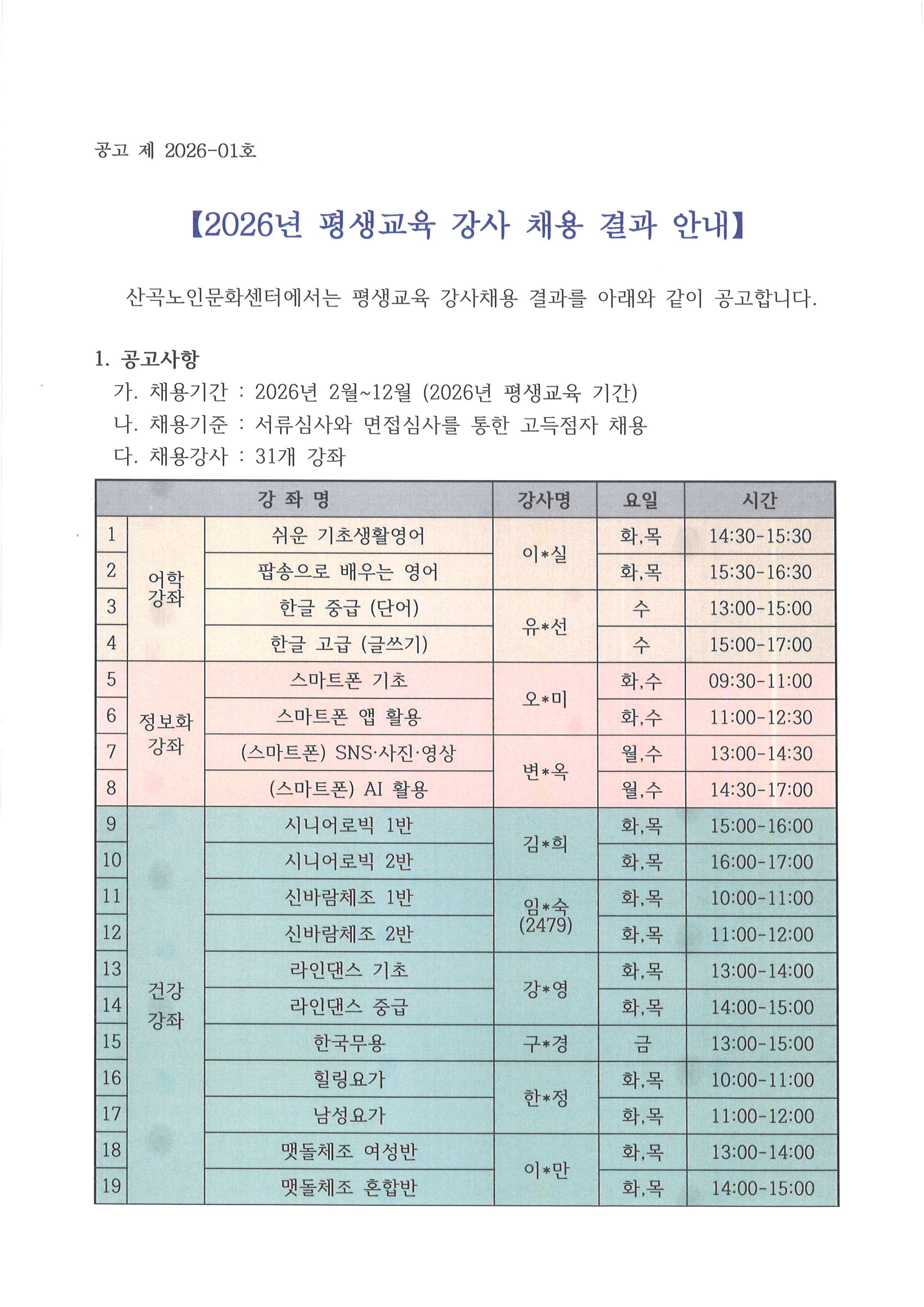 2026년 평생교육 강사 채용 결과 안내의 1번째 이미지