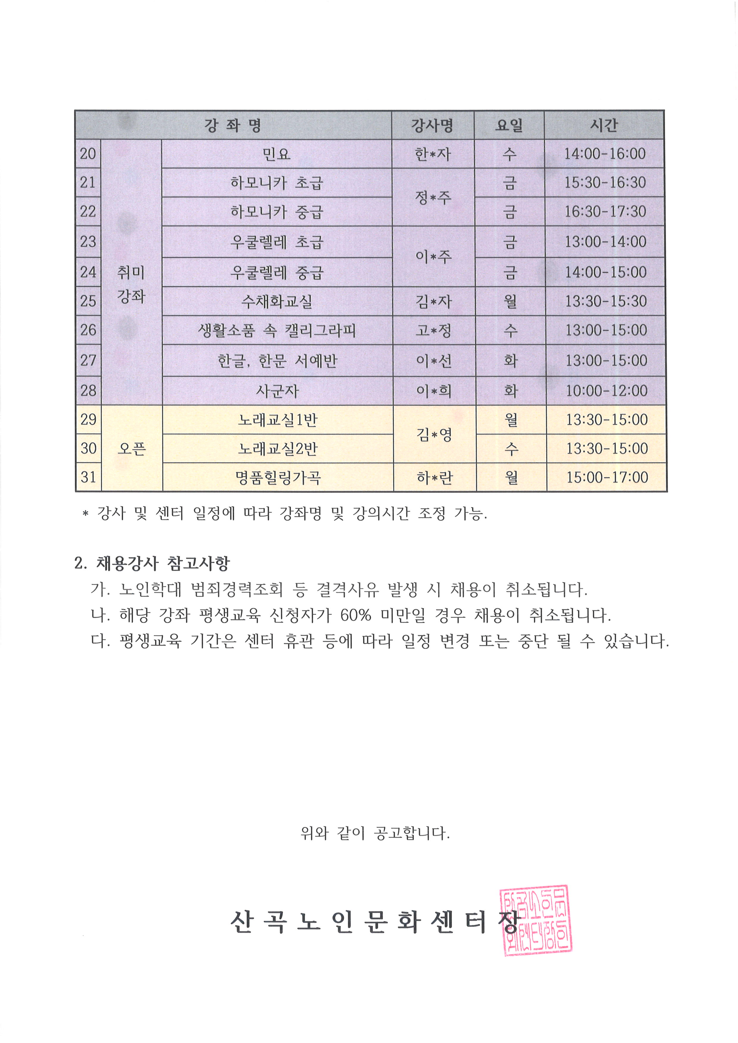 2026년 평생교육 강사 채용 결과 안내의 2번째 이미지