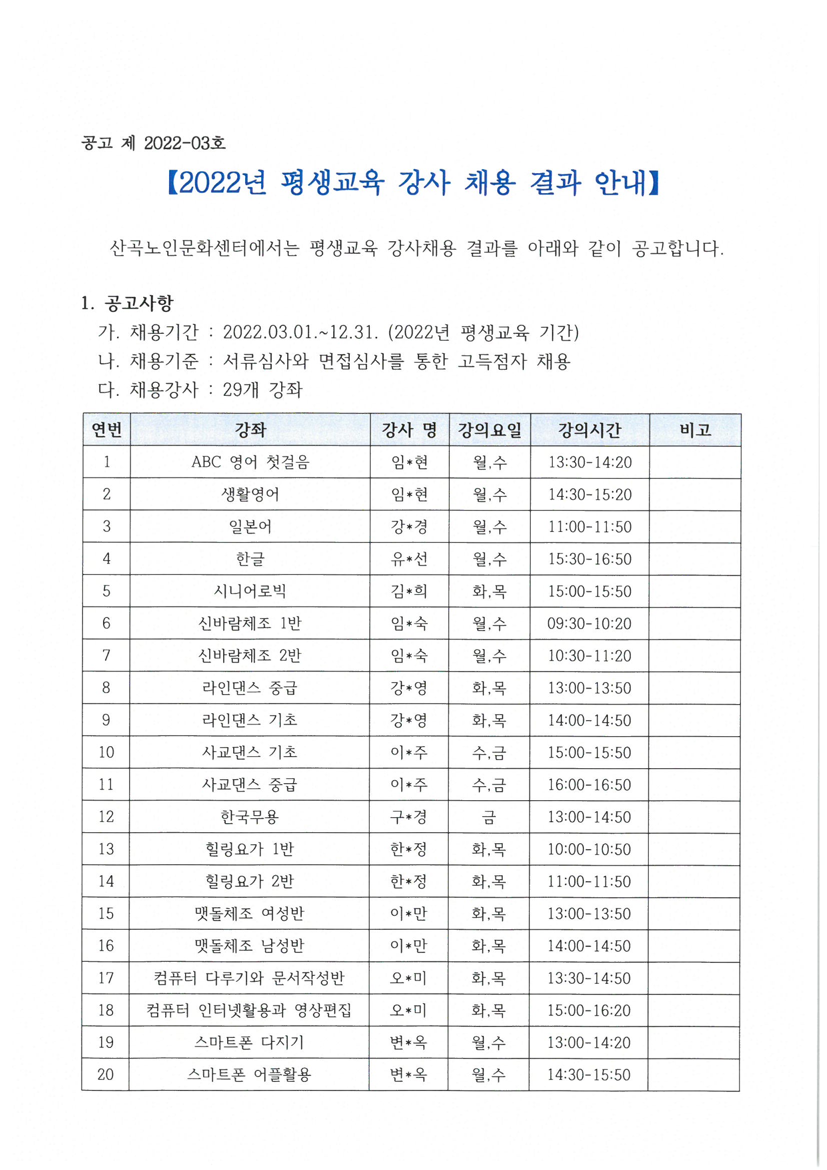 2022년 평생교육 강사 채용 결과 안내의 1번째 이미지