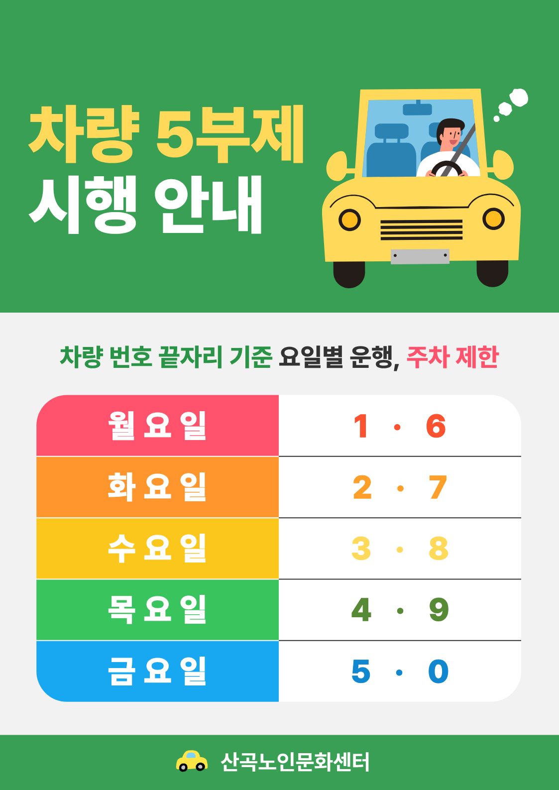 산곡노인문화센터 차량오부제 시행 안내의 1번째 이미지