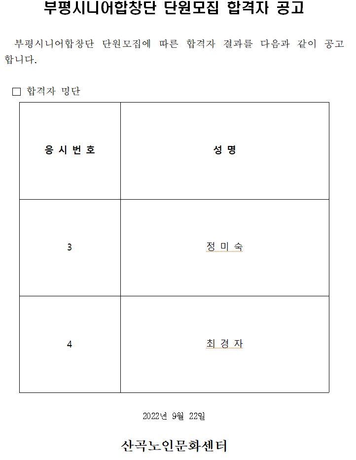 부평시니어합창단 추가 단원모집 합격자 공고의 1번째 이미지