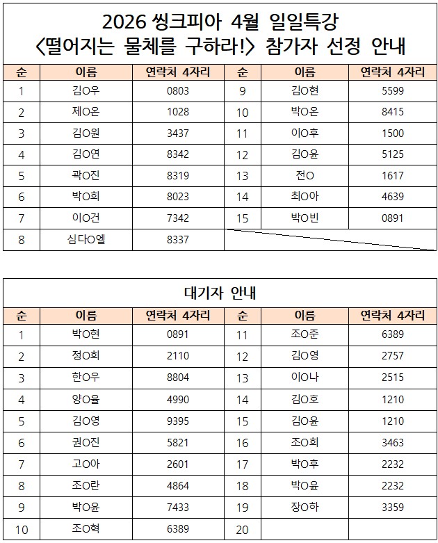 [선정안내] 2026 씽크피아 4월 일일특강 참가자 안내의 1번째 이미지