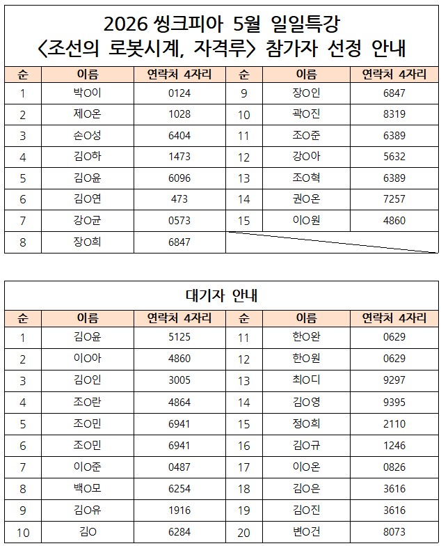 [선정안내] 2026 씽크피아 5월 일일특강 참가자 안내의 1번째 이미지
