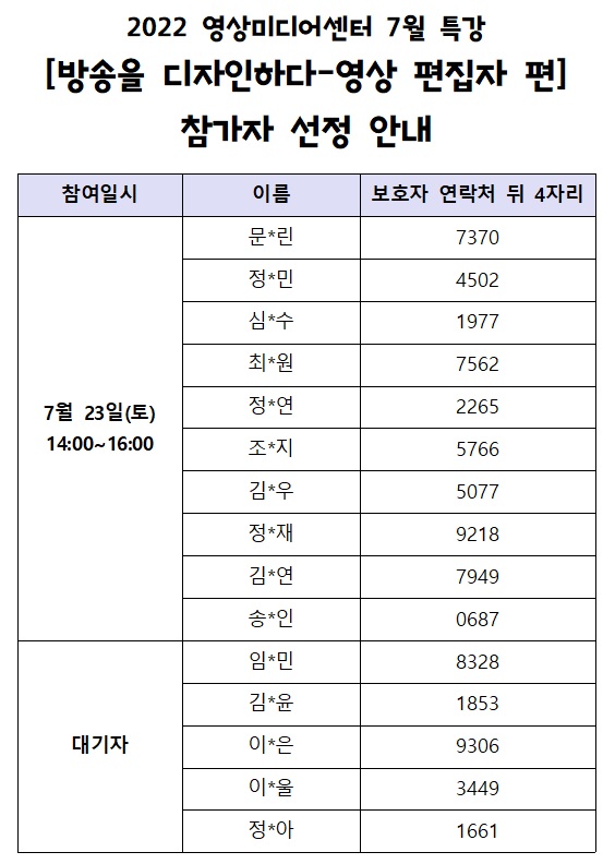 [선정안내] 2022 영상미디어센터 7월 특강 참가자 선정 안내의 1번째 이미지
