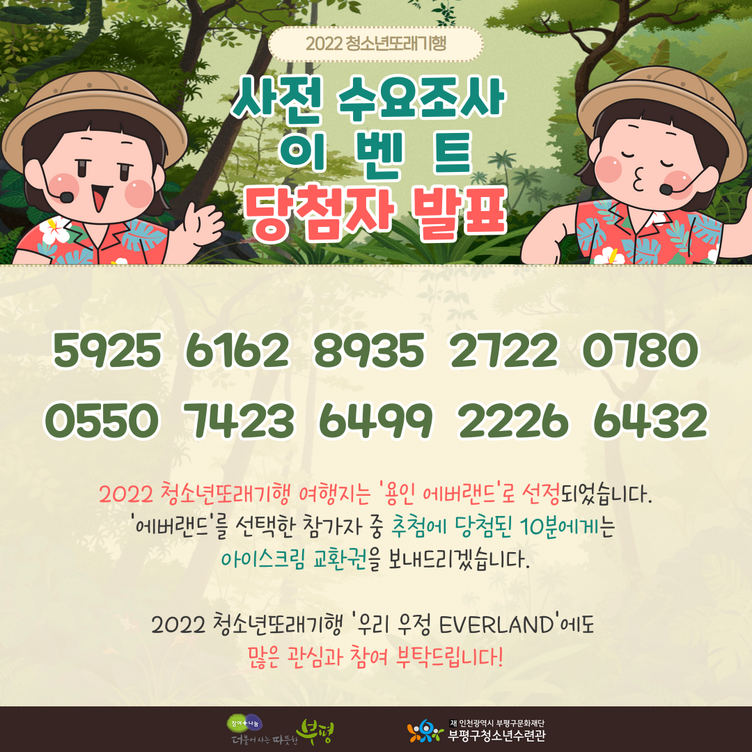 [당첨발표]2022 청소년또래기행 사전 수요조사 이벤트 당첨자 발표의 1번째 이미지