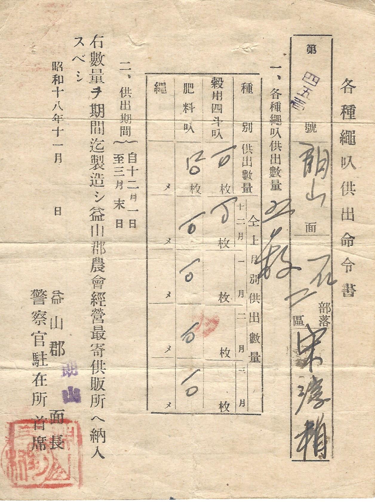 각종승입공출명령서  (各種繩?供出命令書) 이미지