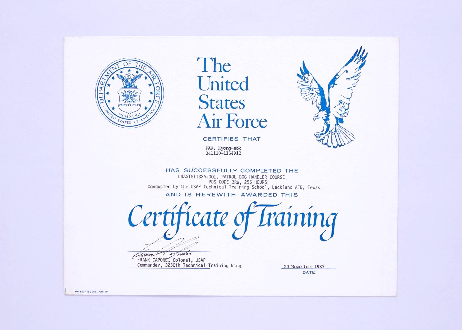 USAF 군견병 훈련증서 이미지